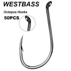 WESTBASS 50PCS Barbed Octopus Hooks 1/0-8/0# High Carbon Steel Single Hook Anzol Ring Eye Fishing Hooks Offset Fishhooks Pesca