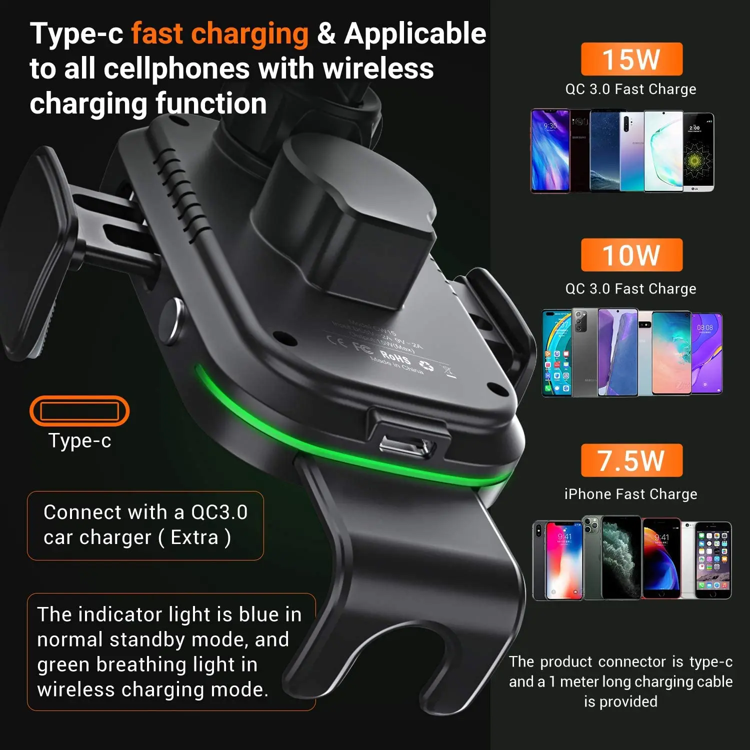 15W Auto Drahtlose Ladegerät Halterung für Samsung S20 Ultra Hinweis 20 Note10 S10 Induktion Ladegerät Telefon Halter für iPhone 13 12 SE 11 8