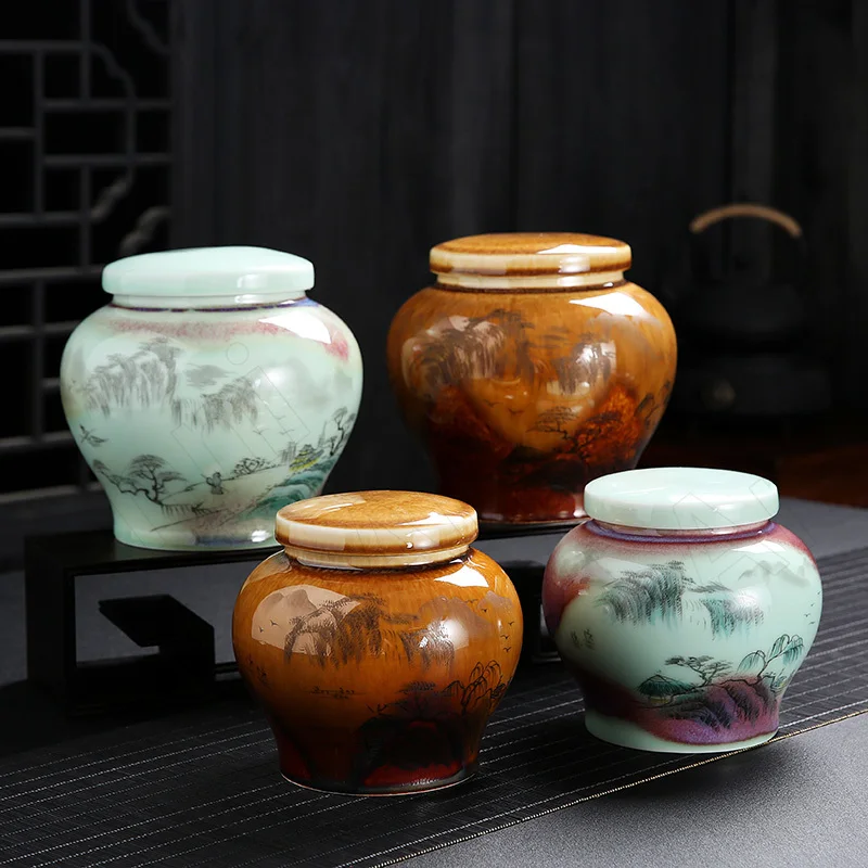 Creativity Kiln Change Ceramic Tea Storage Chinese Vintage Hand-painted Sealed Moisture-proof Tin Cans Desk Tea Leaves Organizer