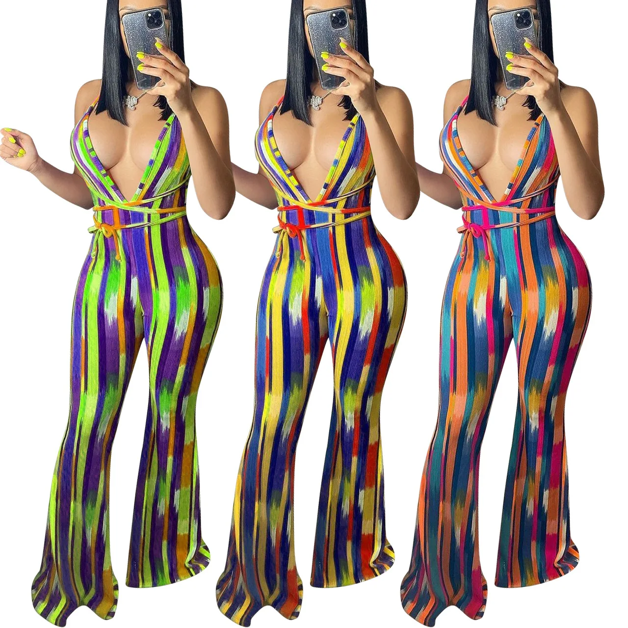 

2021 European and American Summer New Women's Irregular Stripes Printed Halter Slim Flared Jumpsuit