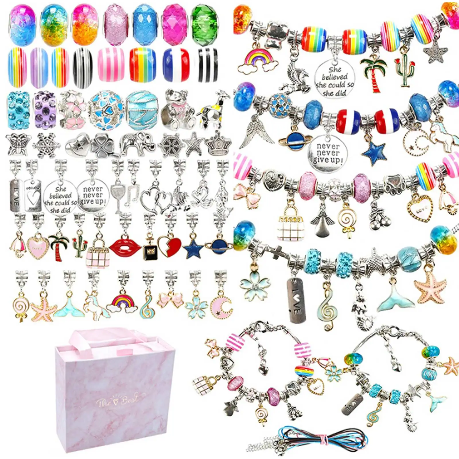 

127 PCS DIY Charm Bracelet Necklaces Jewelry Making Kit with Pink Gift Box for Girls Women Valentines Birthday Christmas Gift