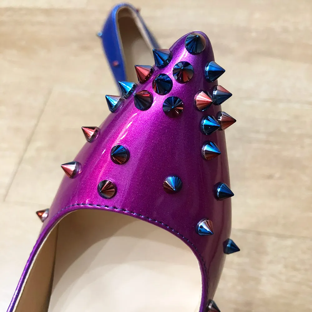 Veowalk Gradient Blue Purple Women Spikes Stilettos High Heels Sexy Pointy Toe High Heels Chic Ladies Rivets Club Party Shoes