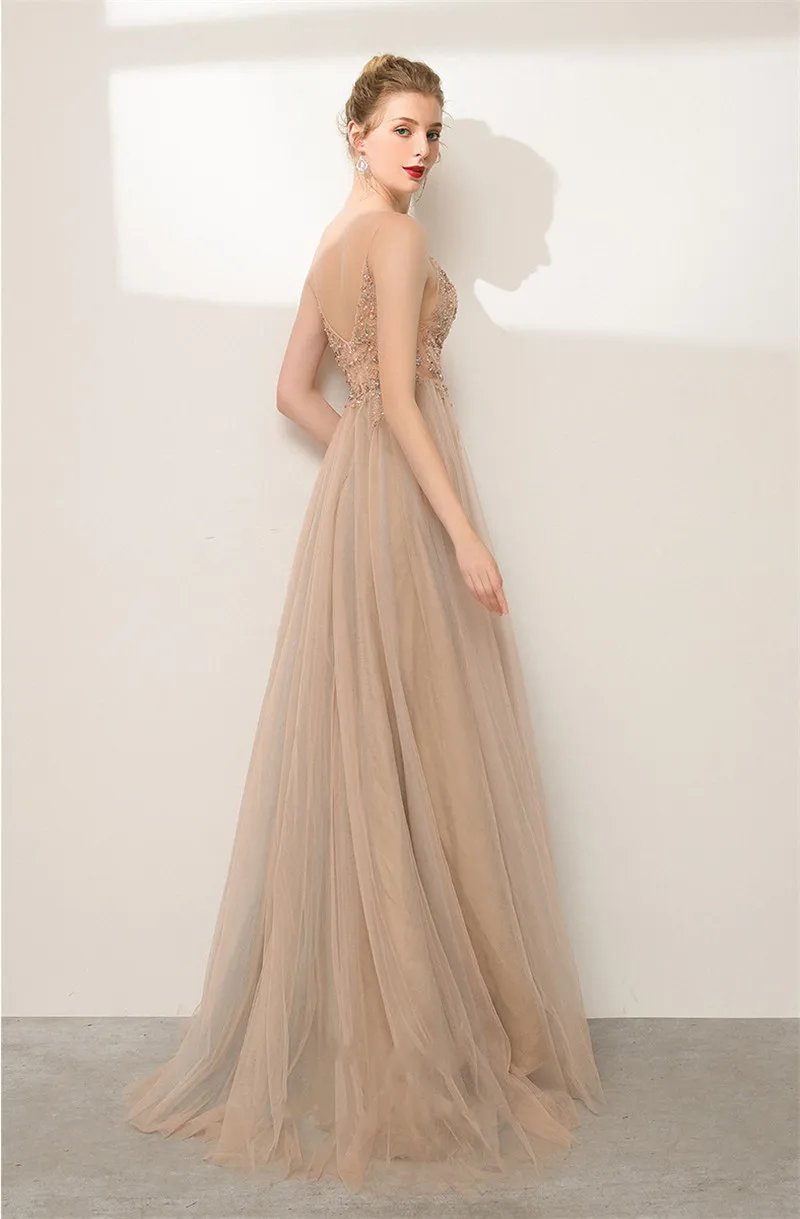 Champagne Prom Dress 2021 Nieuwe Split A-lijn Floor Lengte Spaghettibandjes Illusion Kralen Top Avondjurk Платья Знаменитостей