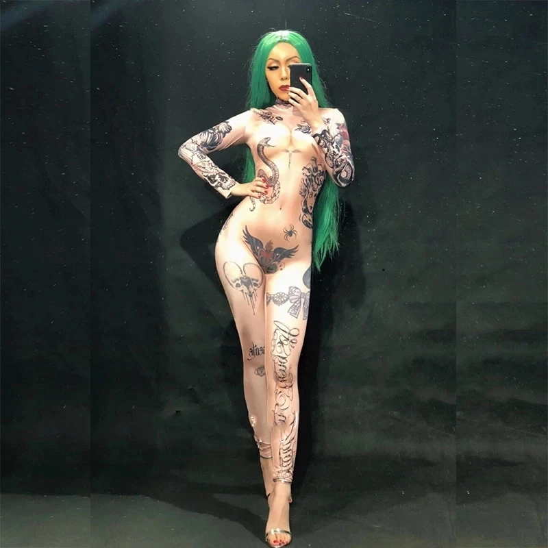 Women Naked Tattoo 3D Printing Sexy Jumpsuit Nightclub Party Bodysuit Stage Wear Dancer Singer Performance Clothing