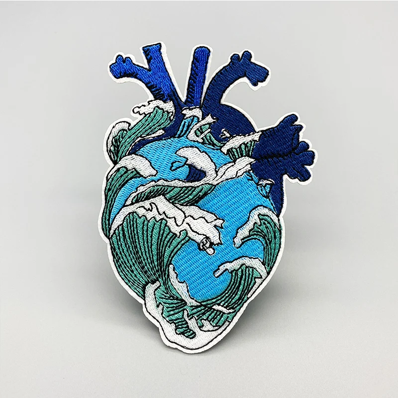 Blue heart sea embroidery patch DIY Iron on Clothes Cropped Badges Applique for Jacket Jeans Decoration Apparel Garment