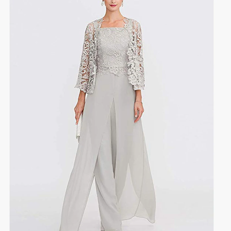 

Elegant Silver Lace Mother of The Bride Pants Suit Women Boho Beach Chiffon Formal Evening Dress Long Wedding Guest Party Gowns