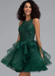 Green Lace Cocktail Party Dress 2024 Scoop Short Tulle Ruffles Gradutation Homecoming Gown Robe De Soriee Vestidos