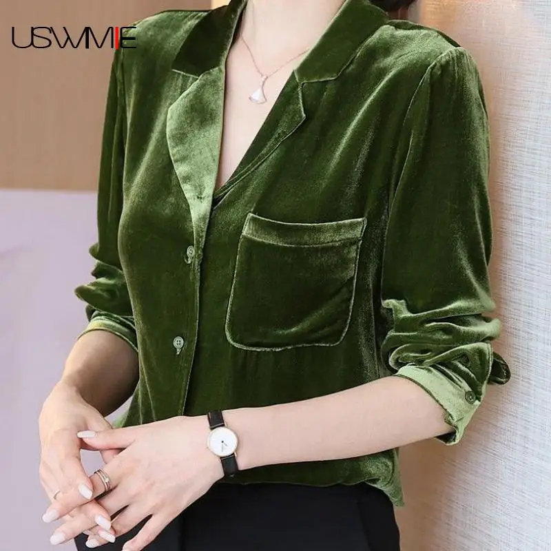 

Free Shipping Womens Tops And Blouses Golden Velvet Retro Outwear Casual Notched Solid Color Long Sleeve Comfort Plus Size Shirt