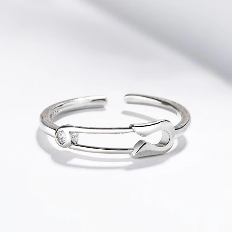 Mode Creatieve Echte 925 Sterling Zilveren Pin Ring Zirkoon Paperclip Vorm Verstelbare Ringen Voor Vrouwen Fijne Sieraden Groothandel