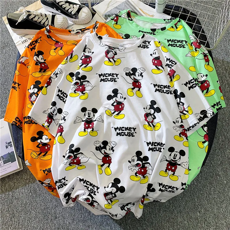 Ladies cartoon Donald Duck Mickey print short-sleeved t-shirt color summer cartoon Girl mid-length fashion Harajuku style