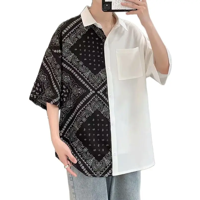 Patchwork Shirt Men Bandana Floral Graphic Male Casual Shirt Short Sleeve Oversized Top Clothes 2023 Summer Thin