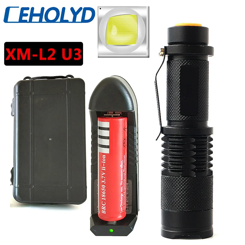 CEHOLYD Zoom XM-L2 U3 Led Flashlight Torch Outdoor for Camping 5 Mode Bulbs 18650 Rechargeable Battery Aluminum Waterproof