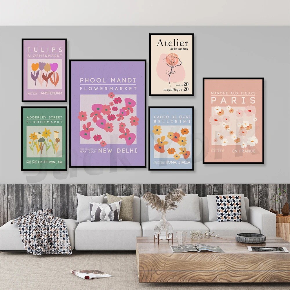 Diseño gráfico del mercado de flores de Amsterdam imprimible, tulipanes de Amsterdam, arte de pared, decoración de habitación púrpura y lila de moda