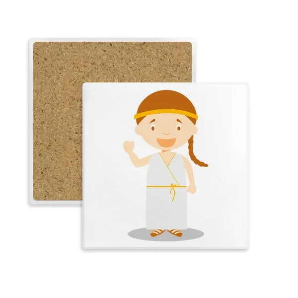 

Long White Dress Greece Cartoon Square Coaster Cup Mug Holder Absorbent Stone for Drinks 2pcs Gift