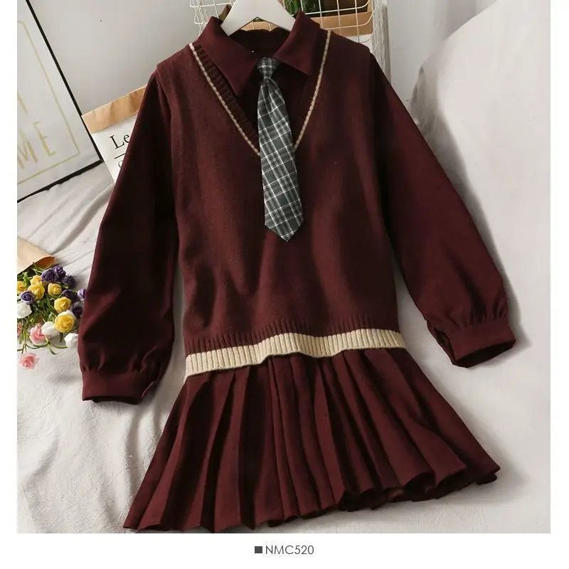 Traje de estilo universitario Kawaii para mujer, vestido plisado suelto que combina con todo, + corbata Chaleco de punto, 3 piezas, primavera y otoño