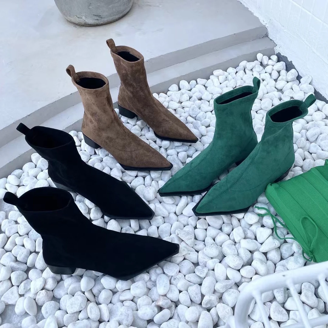 Women Sock Booties Winter Stretch Botas Thick Mid Heels Slip On High Quality Pointed Toe Short Winter Shoes Woman Green Shoes