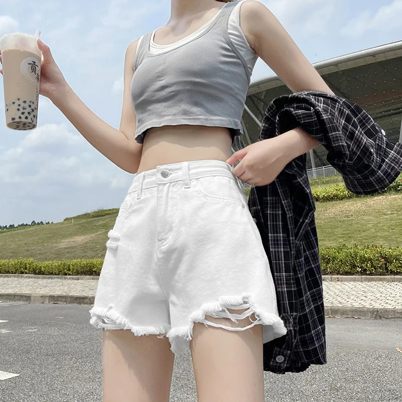 2021 summer new white denim shorts thin section high waist thin wide leg trendy pants