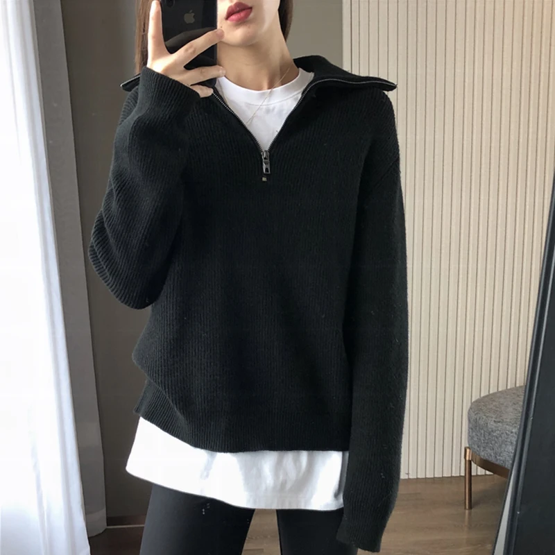 European goods autumn and winter add thick turtleneck sweater female loose outside wear pure color wool knitting bottom recreati