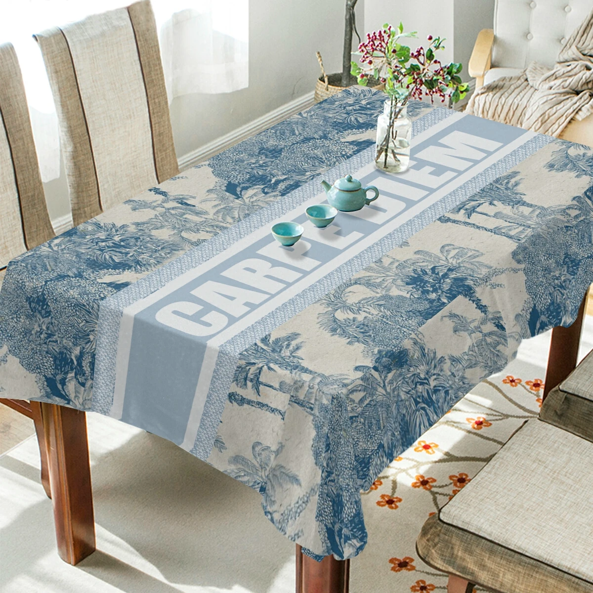 Carpe Diem Print Tablecloth Retro Plant Floral Pattern Rectangular Table Cloth Waterproof Heat Resistant For Kitchen Living Room