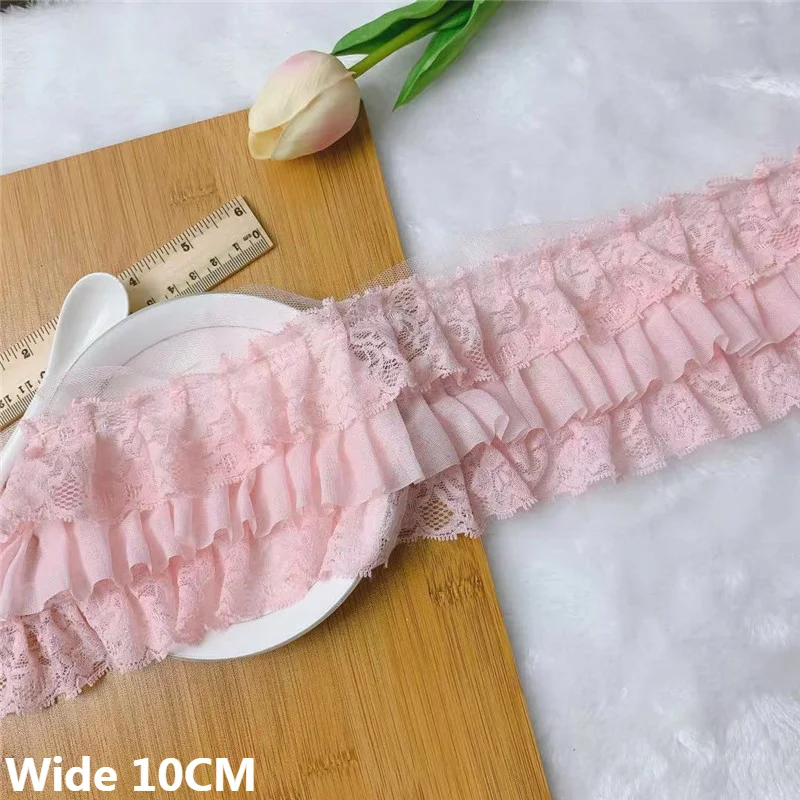 10CM Wide Three Layers Pink 3d Pleated Chiffon Lace Fabric Ruffle Trim Embroidered Fringe Ribbon DIY Princess Dress Sewing Decor