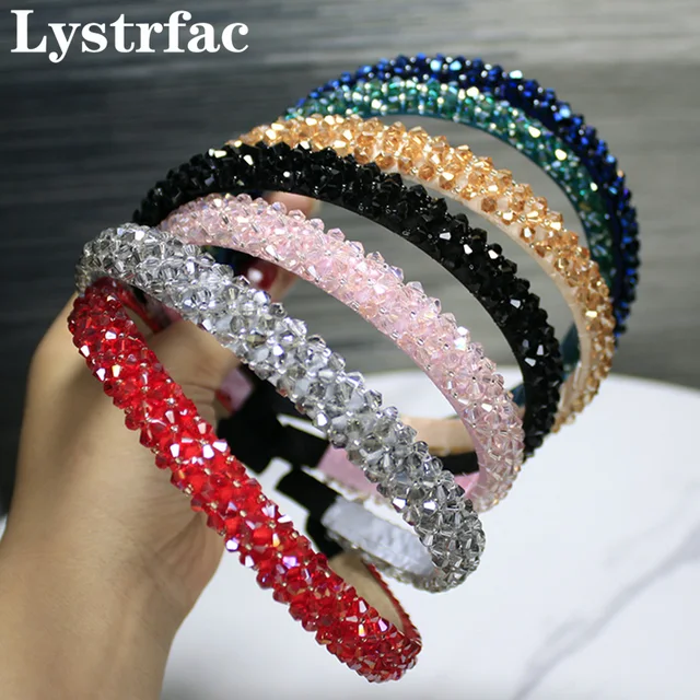 Lystrfac Solid Color Luxury Rhinestone pałąk dla kobiet koraliki Bezel Shiny Hairband Girls akcesoria do włosów dla panny młodej