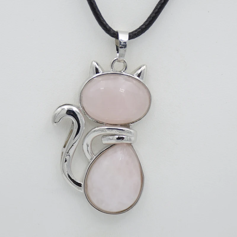 Women Girl Girl Cute Cat Shape Natural Stone Pendants Necklaces Rock Pink Quartz Tiger eye Lapis Beads Rope Chain Reiki Jewelry