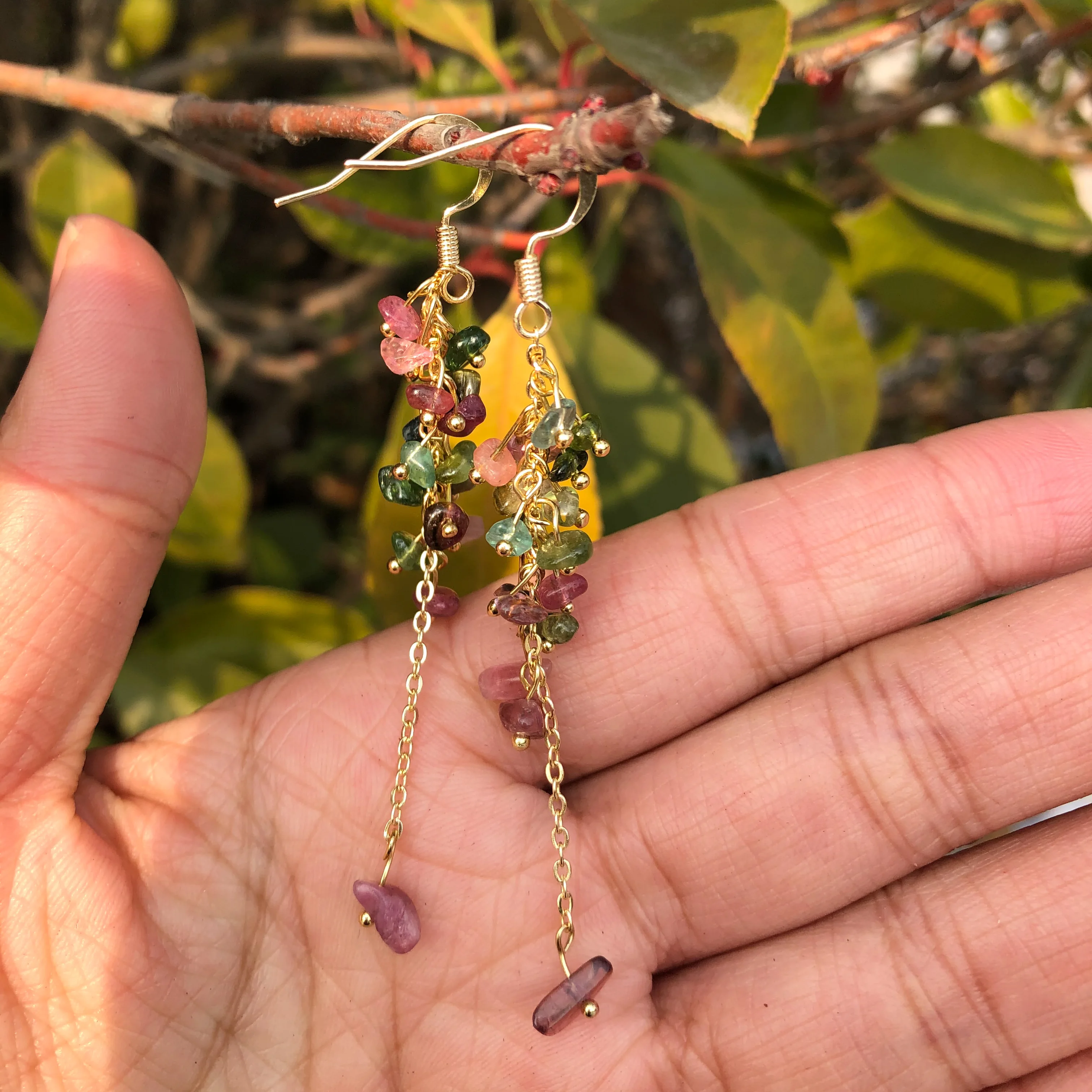 1 Pair Fengbaowu Natural Multicolored Gem Tourmaline Elbaite Chips Gravel Earring Crystal Healing Stone Women Jewelry Gift