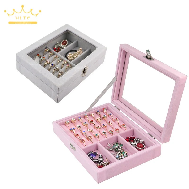 

Velvet Ring Earring Box with Glass Lid Jewelry Display Organizer Necklace Storage Case Joyeros Organizador De Joyas 20*15cm