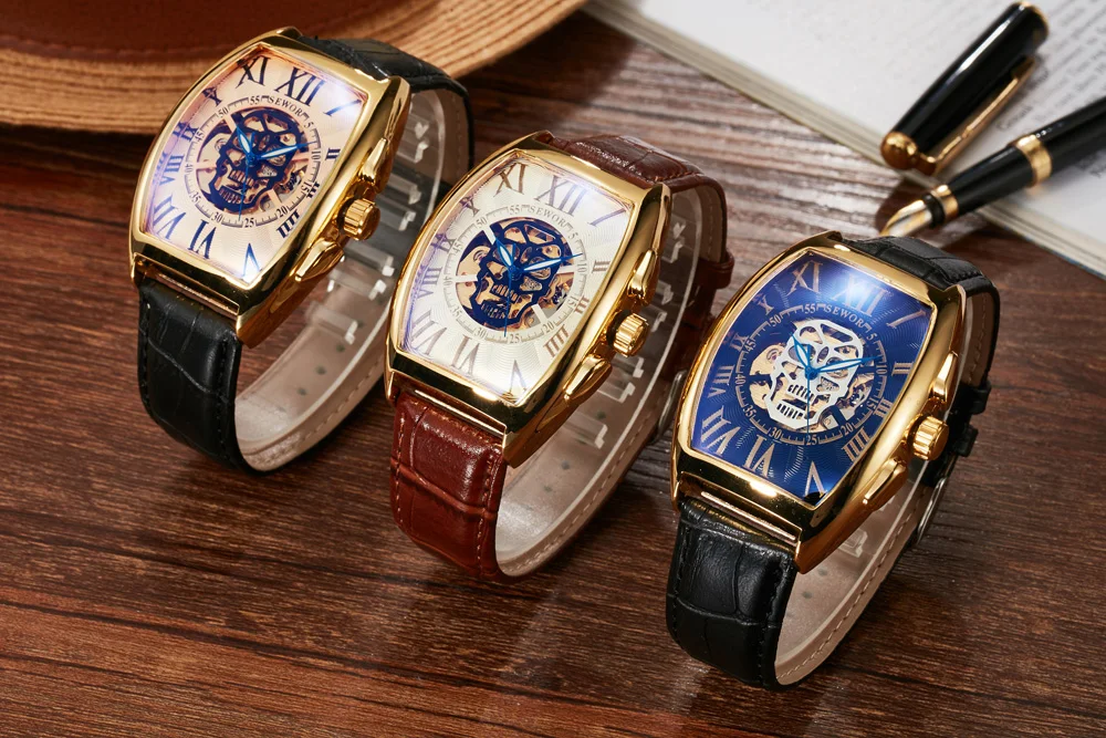 Luxury Gold Skull Watch Men Skeleton Watches Sewor Automatic Mechanical Wristwatches Men Tonneau Watches Clock Reloj Hombre