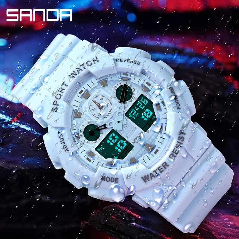 Top Brand Sanda Mens Women Watch Luxury Dual Dial Electronic Wristwatch Shockproof Waterproof Clock Led Light Watches New 2021