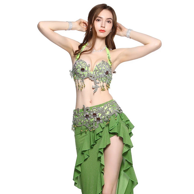 2019 Women Dance Clothes C/D Cup Bra Egyptian Belly Dance Costume Set 2 Pieces Bra Belt Green Rhinestone Outfit