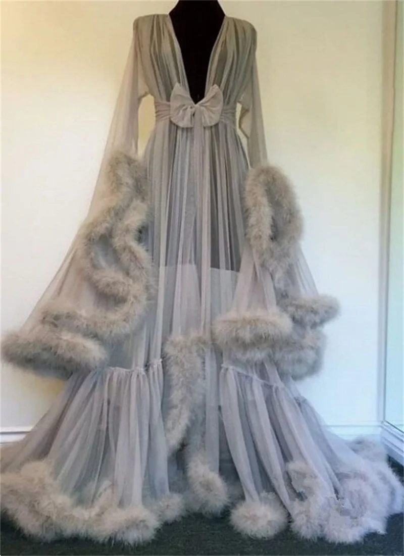 Women's Medieval Tulle Feather Evening Robe Long V Neck Bathrobe Sleepware Aline Nightgowns Bridal Robe Long Boudoir Dress