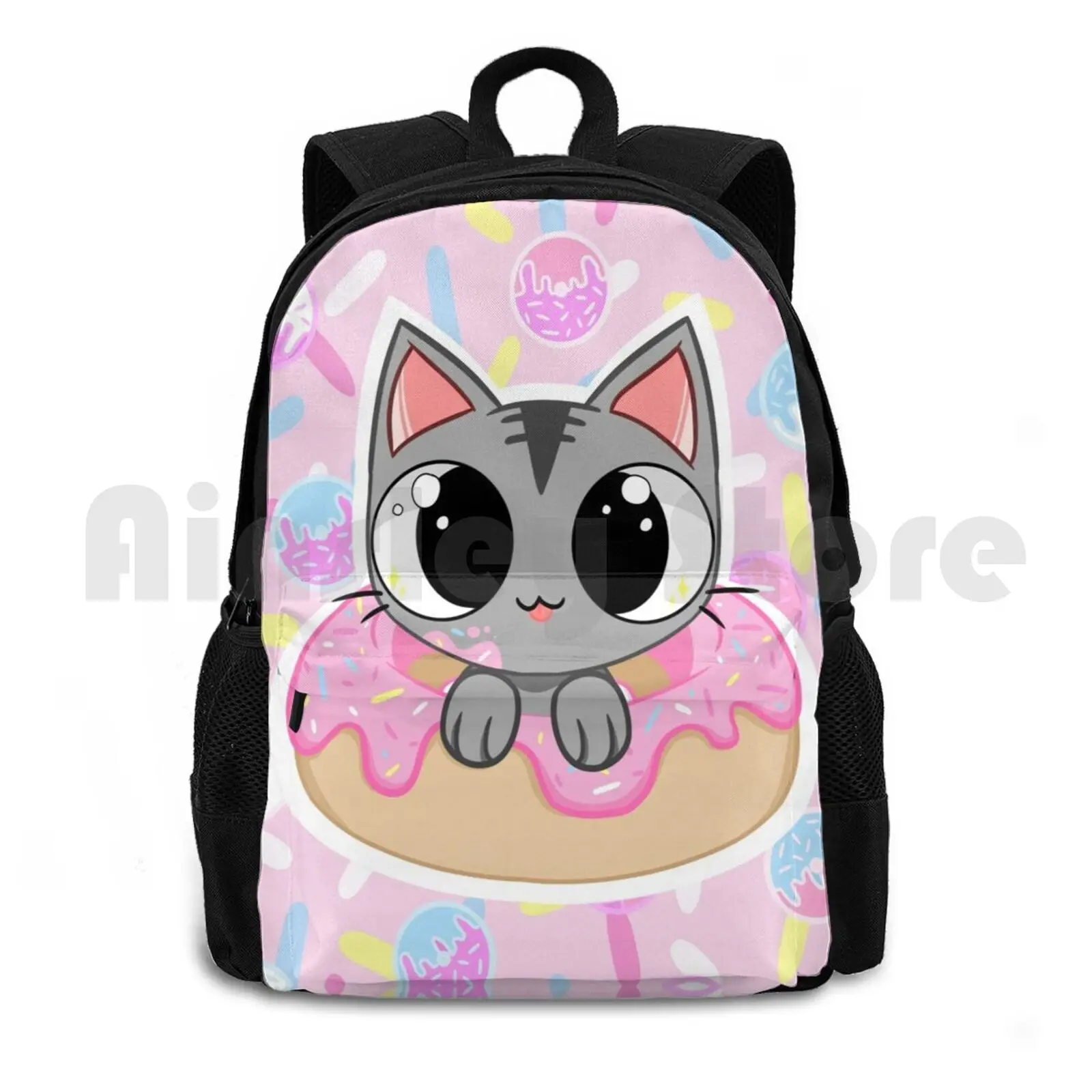 Donut Cat! Outdoor Hiking Backpack Waterproof Camping Travel Cute Sweet Donuts Treat Pastel Pretty Kawaii Cat Kitty Kitten Grey