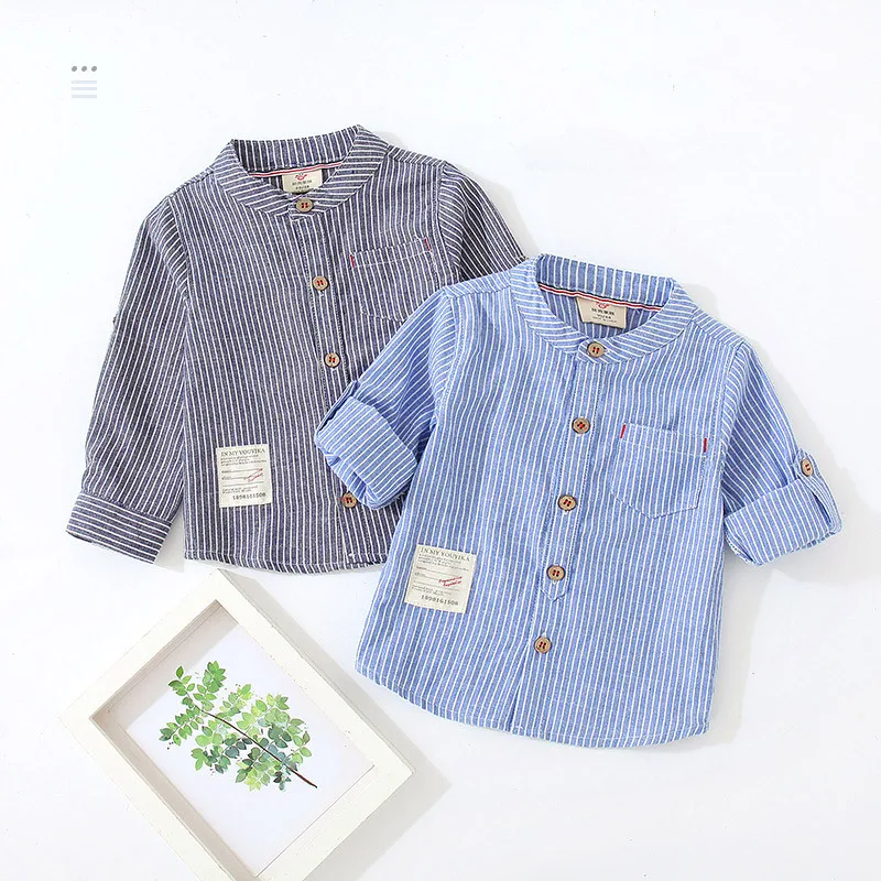 2023 Spring Autumn 2 3 4 6 8 10 Years New Design MANDARIN COLLAR Long Sleeve Pocket Classic Striped Shirts For Kids Baby Boys