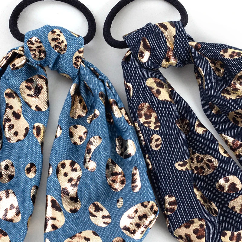 Geebro nowy Denim Leopard Polka Dot długa wstążka kucyk szalik opaska do włosów Scrunchies kobiety dziewczyny elastyczne gumki do włosów gwiazdy list