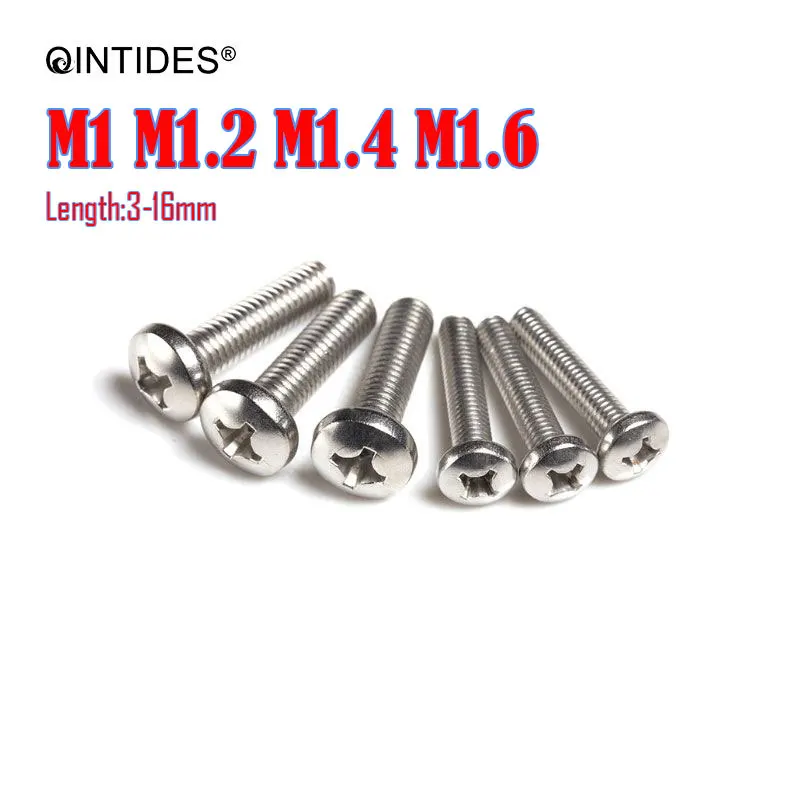 200/5000Pcs M1 M1.2 M1.4 M1.6 Length: 3-16mm Cross Recessed Pan Head Screws 304 Stainless Steel Round Head Screw Machine Screw