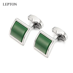 Lepton Green Glass Cufflinks for Mens Wedding Groom High Quality Square Glass Cuff links Men Shirt Cuffs CuffLink Drop Shipping
