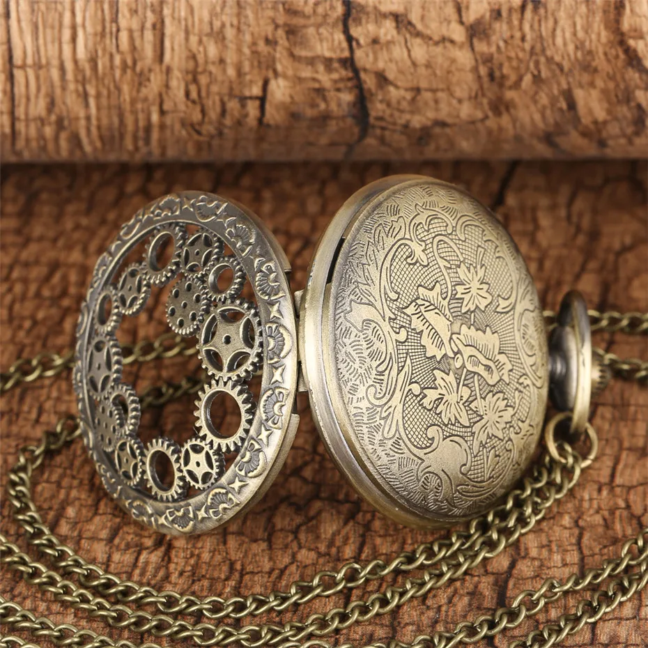 Vintage Bronze Hollow Gear Quartz Movement Pocket Watch with Chain Necklace Pendant Unisex Gifts