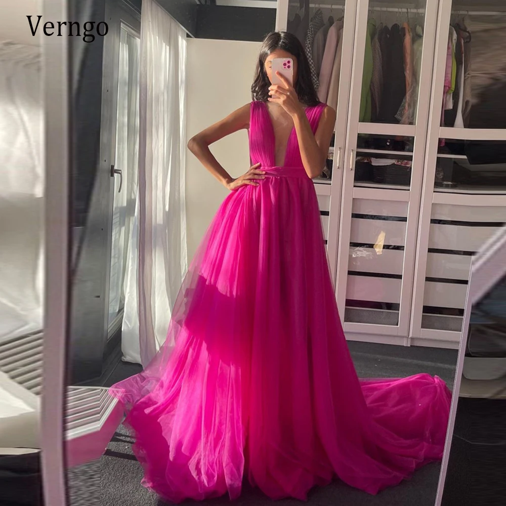 

Verngo Elegant Fuchsia Tulle A Line Prom Dresses Sexy Deep V Neck Floor Length Open Back Long Simple 2021 Evening Gowns