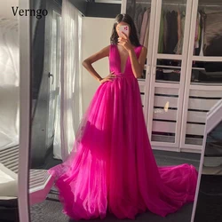 Verngo Elegant Fuchsia Tulle A Line Prom Dresses Sexy Deep V Neck Floor Length Open Back Long Simple 2021 Evening Gowns