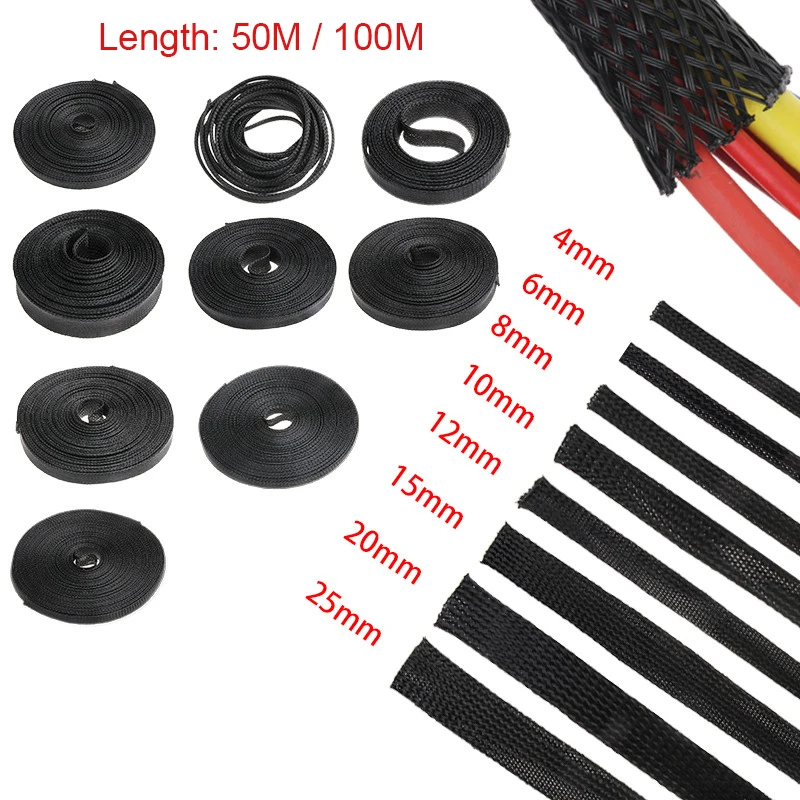 

50/100M Cable Sleeve Black Braid Sleeving 2/4/6/8/10/12/15/20/25mm Tight Wire Cable Protection Expandable Wire Gland Insulated