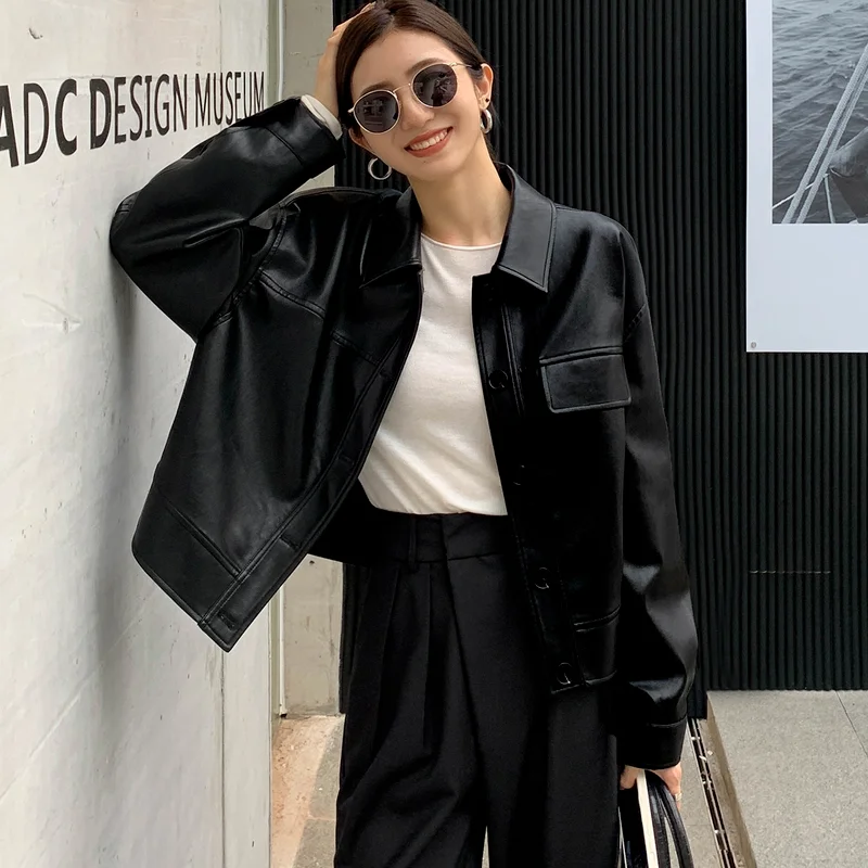 Black Cropped Leather Jacket Women Korean High Street Leather Blazers Women Vintage Streetwear Moto Bike Jacket Autumn 2021 New