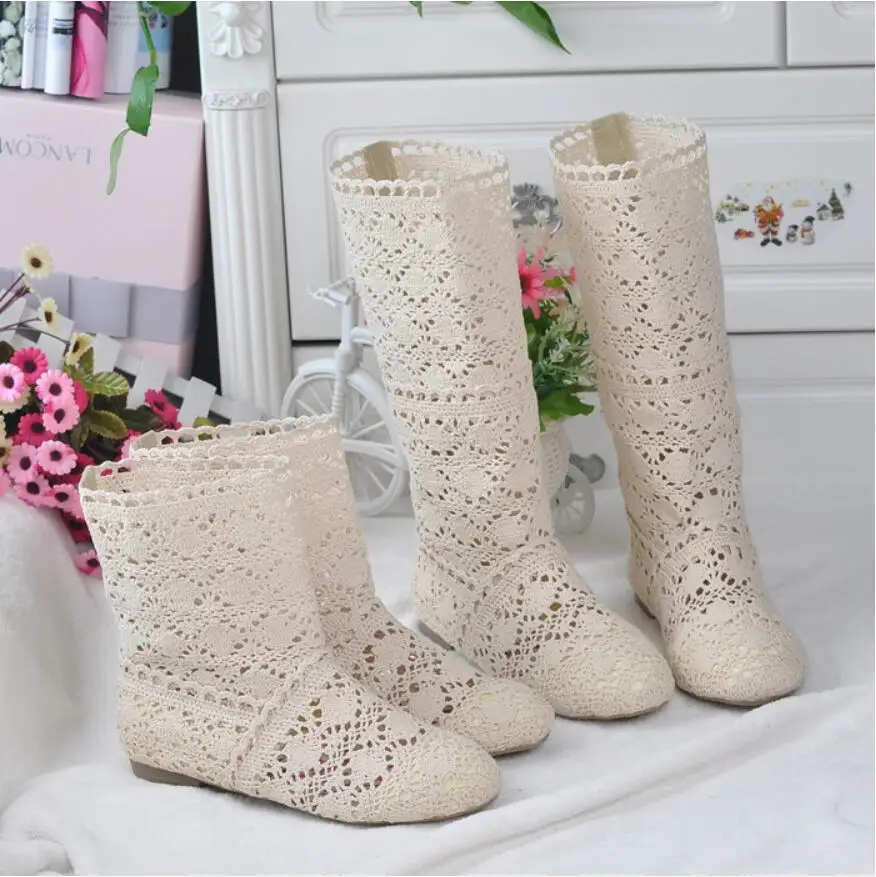 Women\'s spring high boots wool hollow boots fashion luxury brand summer white lace boots ladies hollow flat casual shoes