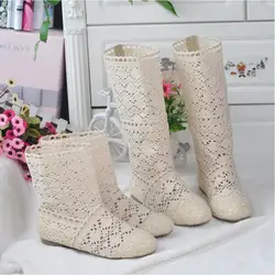 Women's spring high boots wool hollow boots fashion luxury brand summer white lace boots ladies hollow flat casual shoes