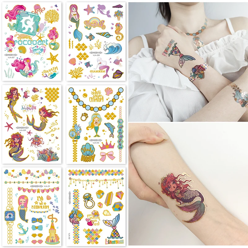 Rocooart Golden Mermaid Tattoo Stickers Cartoon Temporary Tattoos For Kids Body Hand Face Tatto Children Fake Tattoo Metallic