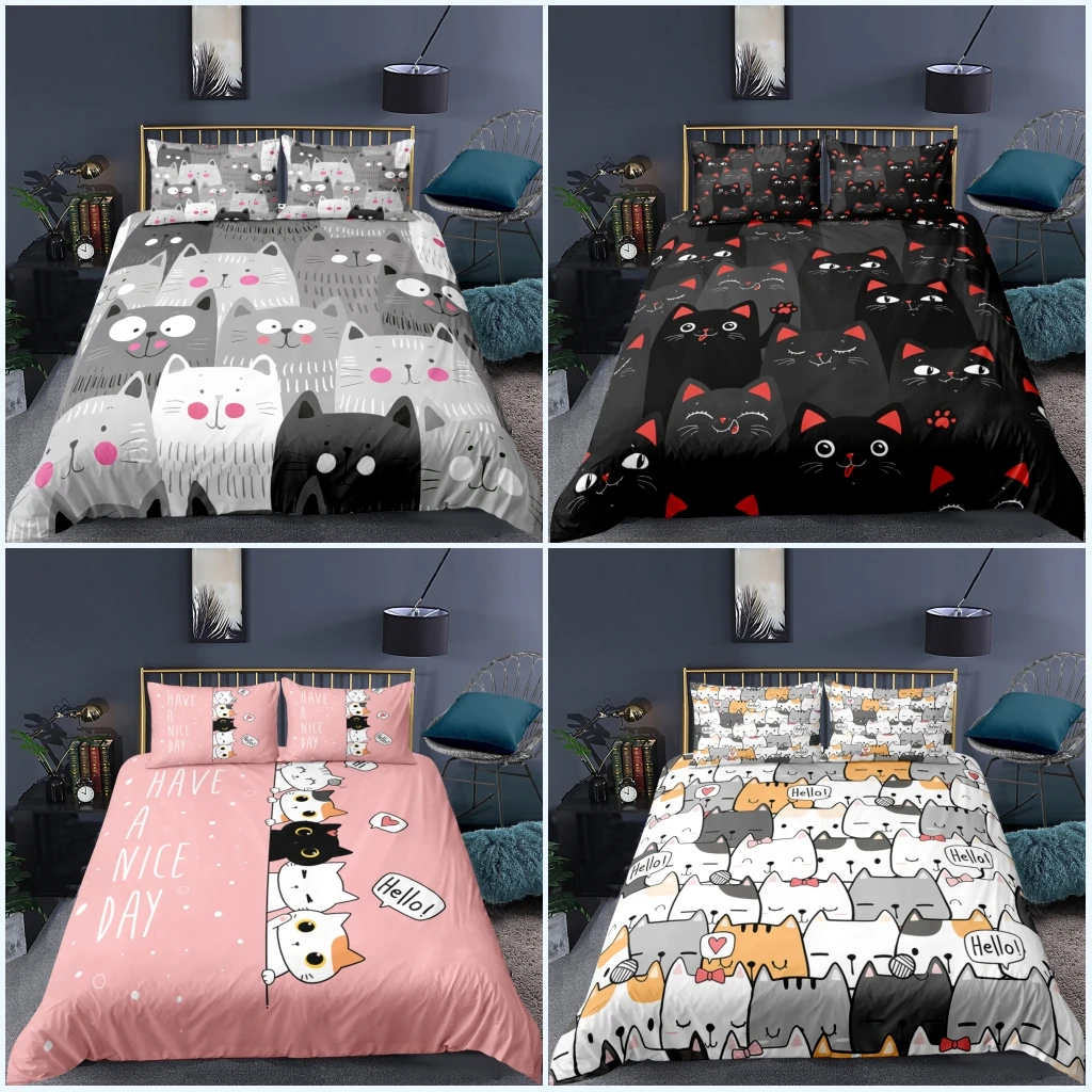 Children Cartoon Cute Cats Bedding Sets 3D Print Duvet Cover Twin Single Size Luxury Quilts Bedspread Cover with 2 Pillowcase