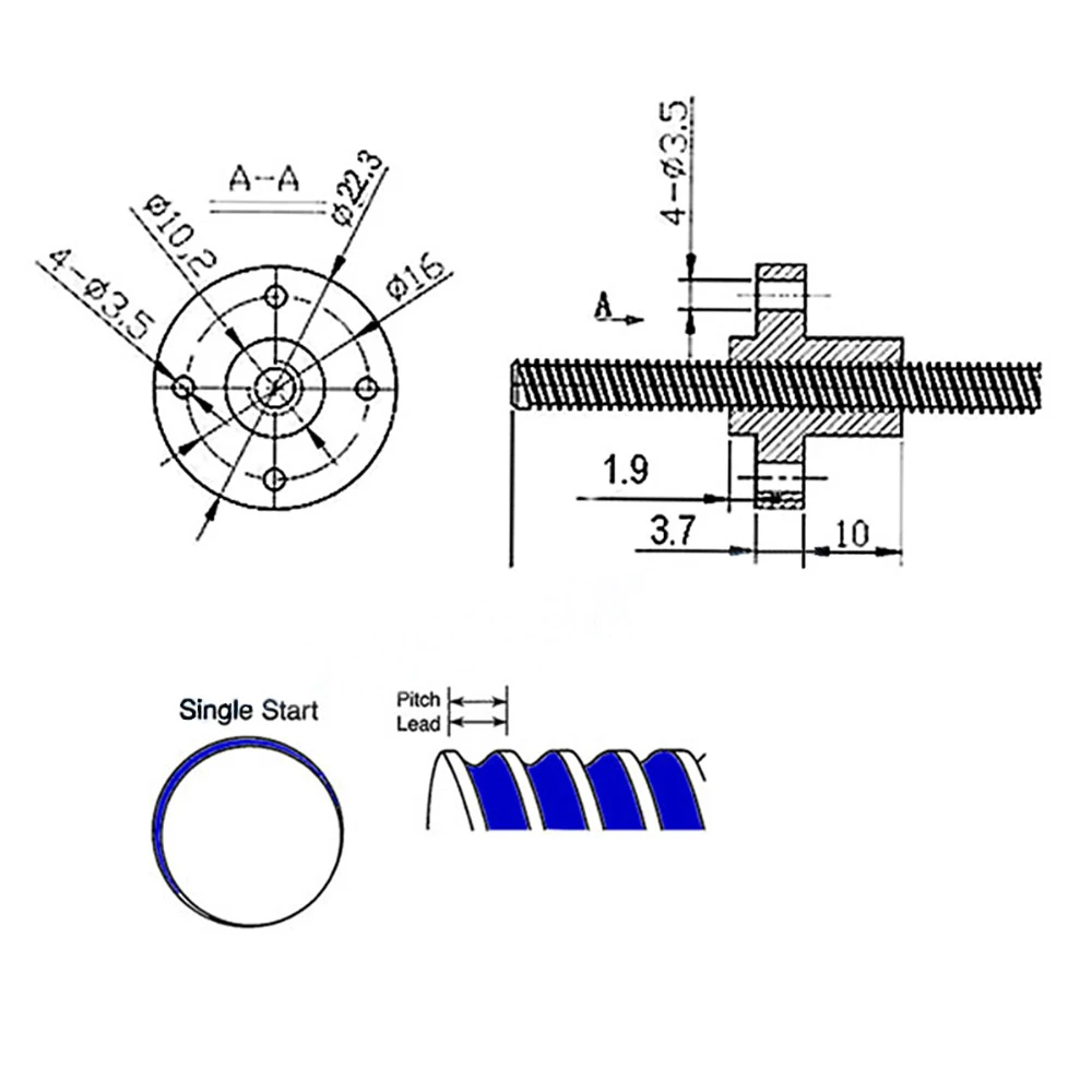 T8 parafuso de chumbo com porca de latão para impressora CNC 3D, passo 2mm chumbo, 8mm, 150mm, 200mm, 300mm, 350mm, 400mm, 500mm, 600mm, 800