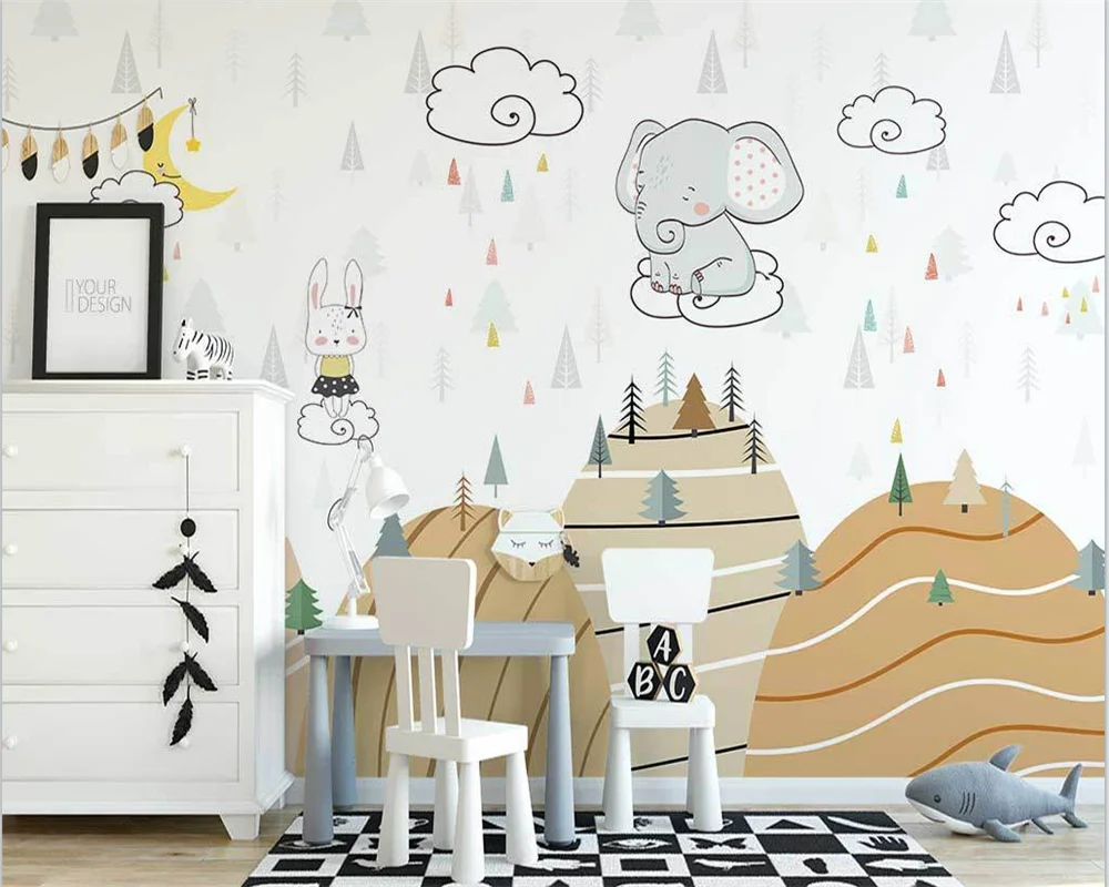 

beibehang papel de pared Custom modern Nordic hand-painted hills clouds woods animal children's room background wallpaper