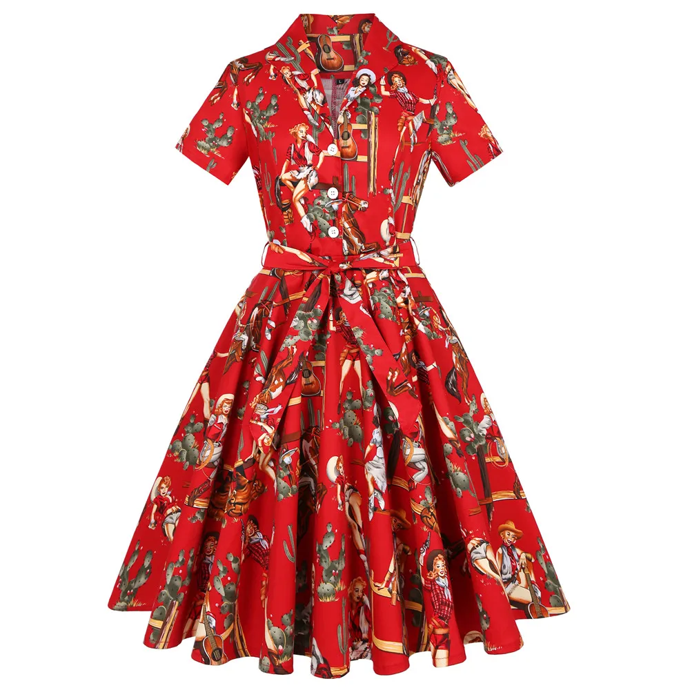 

4XL Rockabilly 50s 60s Vintage Dresses Female Red Cowgirl Pin Up Dress Big Swing Cotton Dress