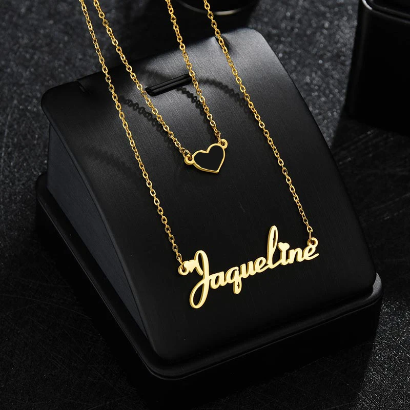 Atoztide Customized Name Necklace Heart Choker Stainless Steel Summer Letter Double Layers Chain Pendant Jewelry for Women Gift